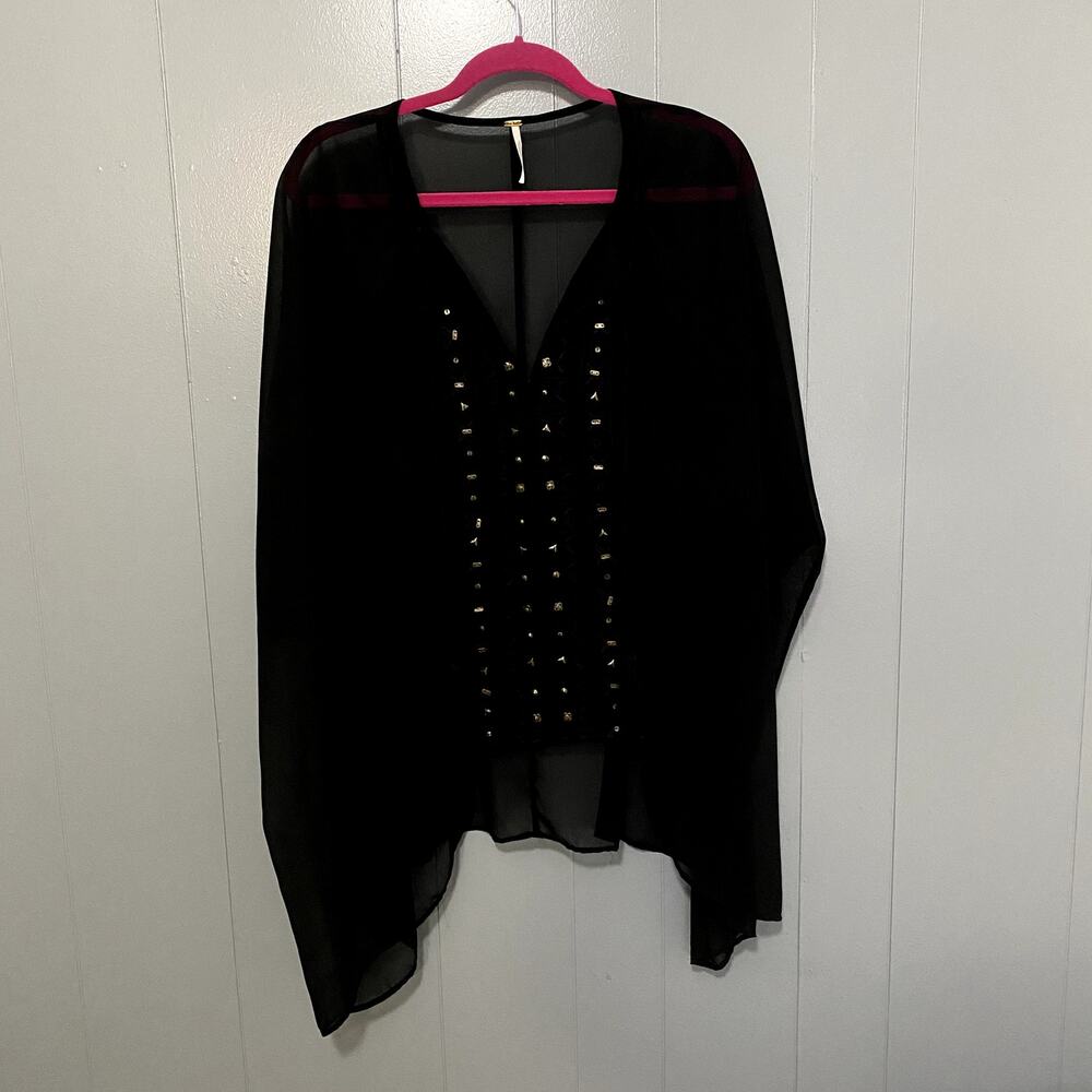 Free People Black Studded Sheer V-neck Tasseled Oversized Boho Tunic Top M/L